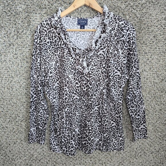 Chaps Top Womens Plus 1X Black Animal Print Ruffle V Neck Tee Casual Ladies - Picture 1 of 7